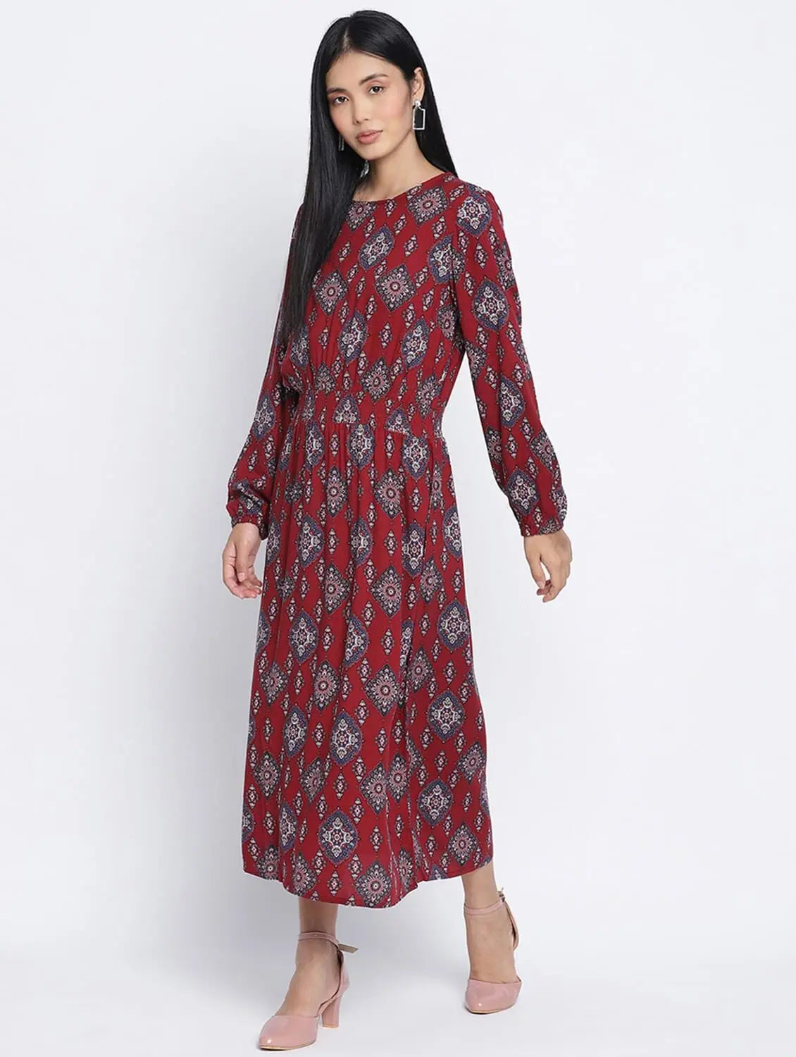 Casual Women's Clothing Online Esthetics Maroon Symetric Print Women Dress
