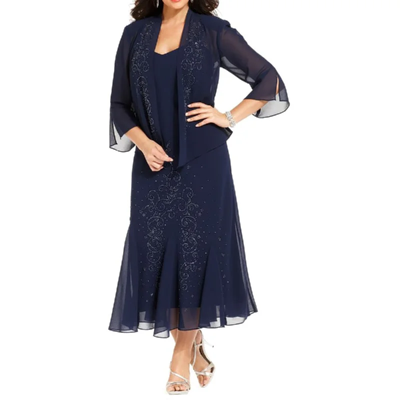 Women's Activewear Garments R&M Richards Womens Plus Crepe Beaded Dress With Jacket