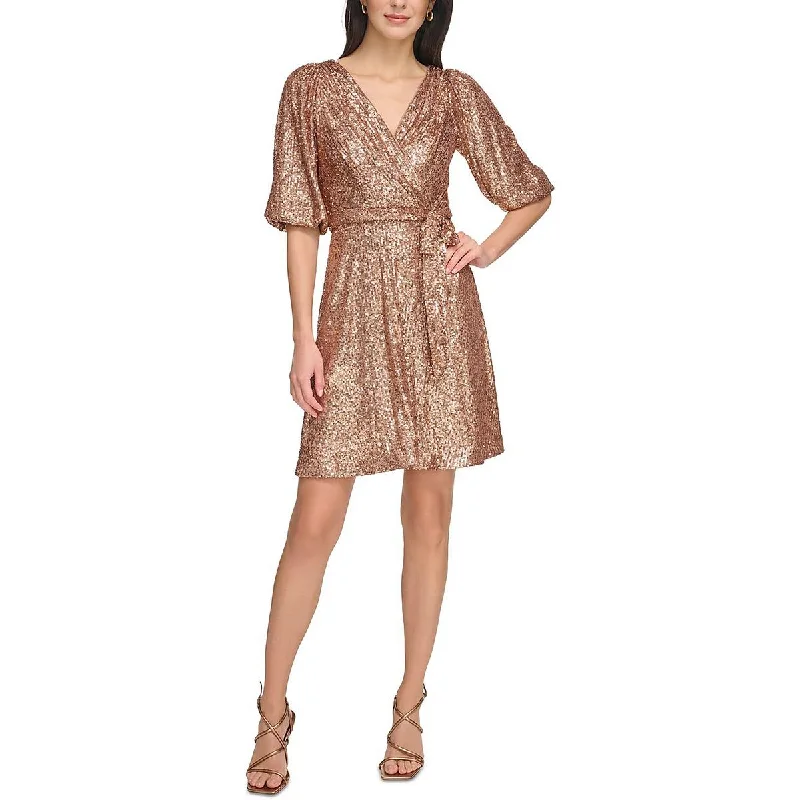 Luxe Women's Fashion DKNY Womens Petites Surplice Above Knee Fit & Flare Dress