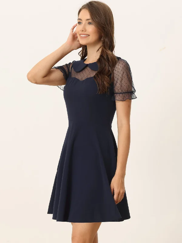 Luxury Fashion Retro Peter Pan Collar Mesh Panel Vintage Cocktail Dress