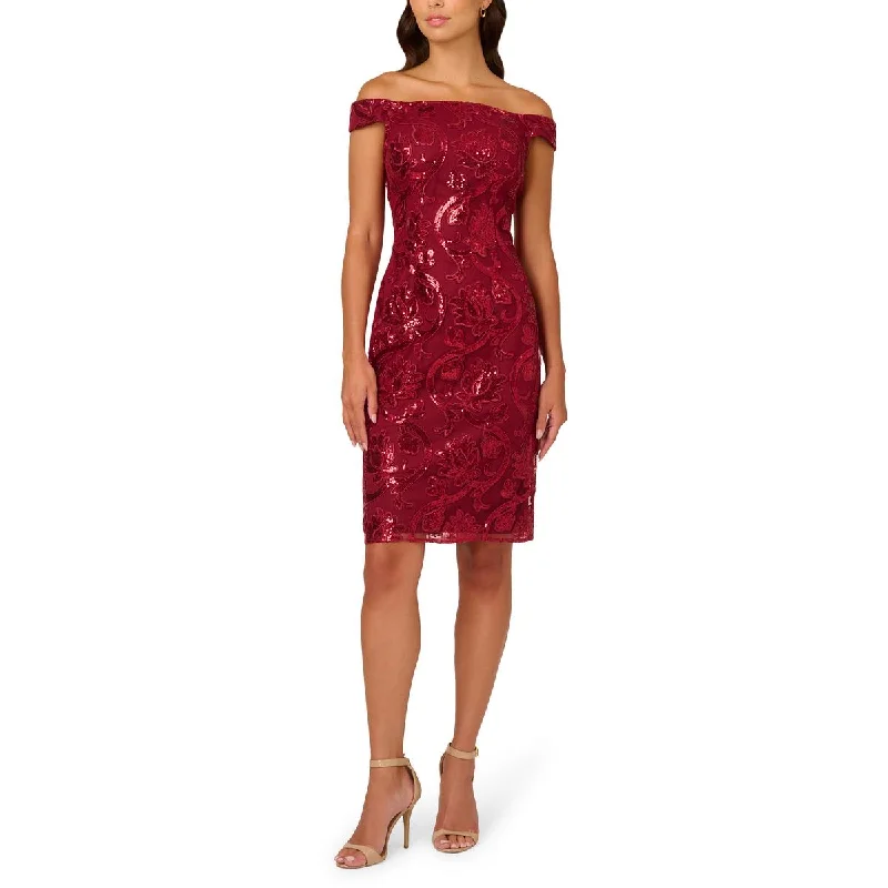 Timeless Classics Adrianna Papell Womens Off-The-Shoulders Sequin Sheath Dress