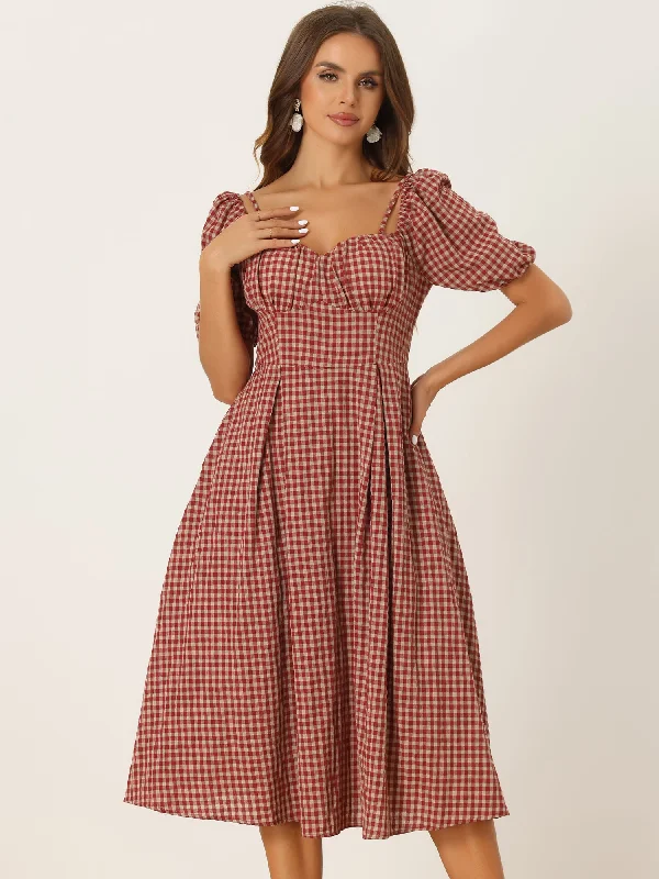 Online Shopping Boutiques Vintage Gingham Pocketed Spaghetti Straps Off Shoulder Swing Plaid Dress