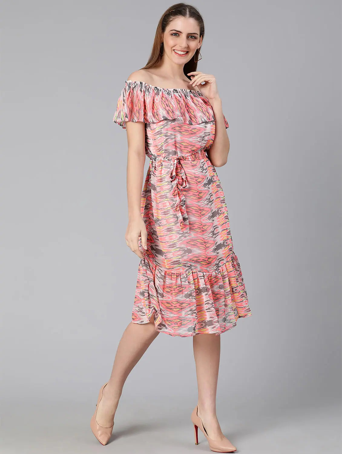 Chic Women's Clothing for Date Nights Blend Of Colors Printes Off-Shoulder Women Linned Dress