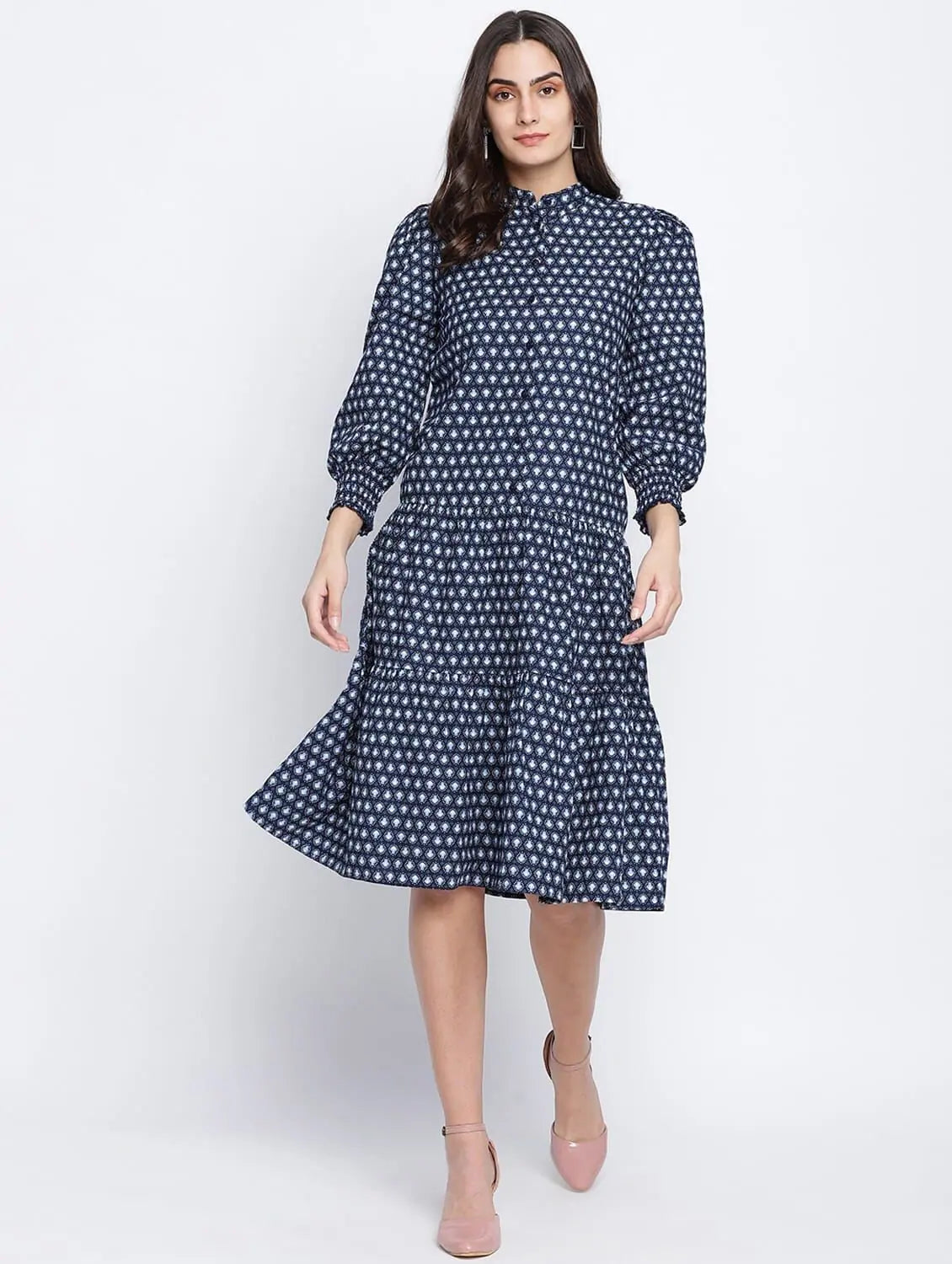 Women's High-Fashion Garments Spangle Blue Button Down Women Dress