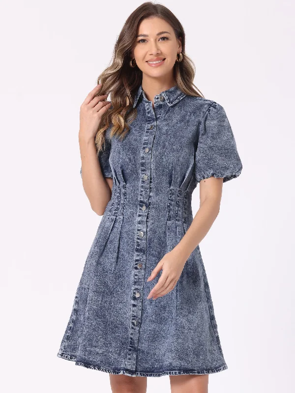 Trendy Women's Dresses Online Denim Puff Short Sleeve Button Down A-Line Jean Dress