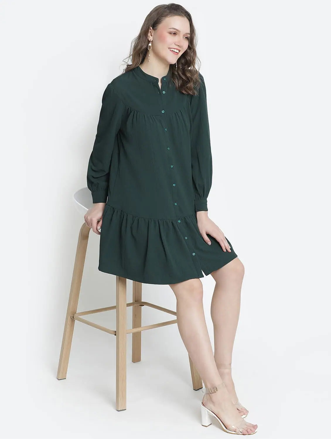 Affordable Women's Clothing Vancy Green Button-Down Women Dress