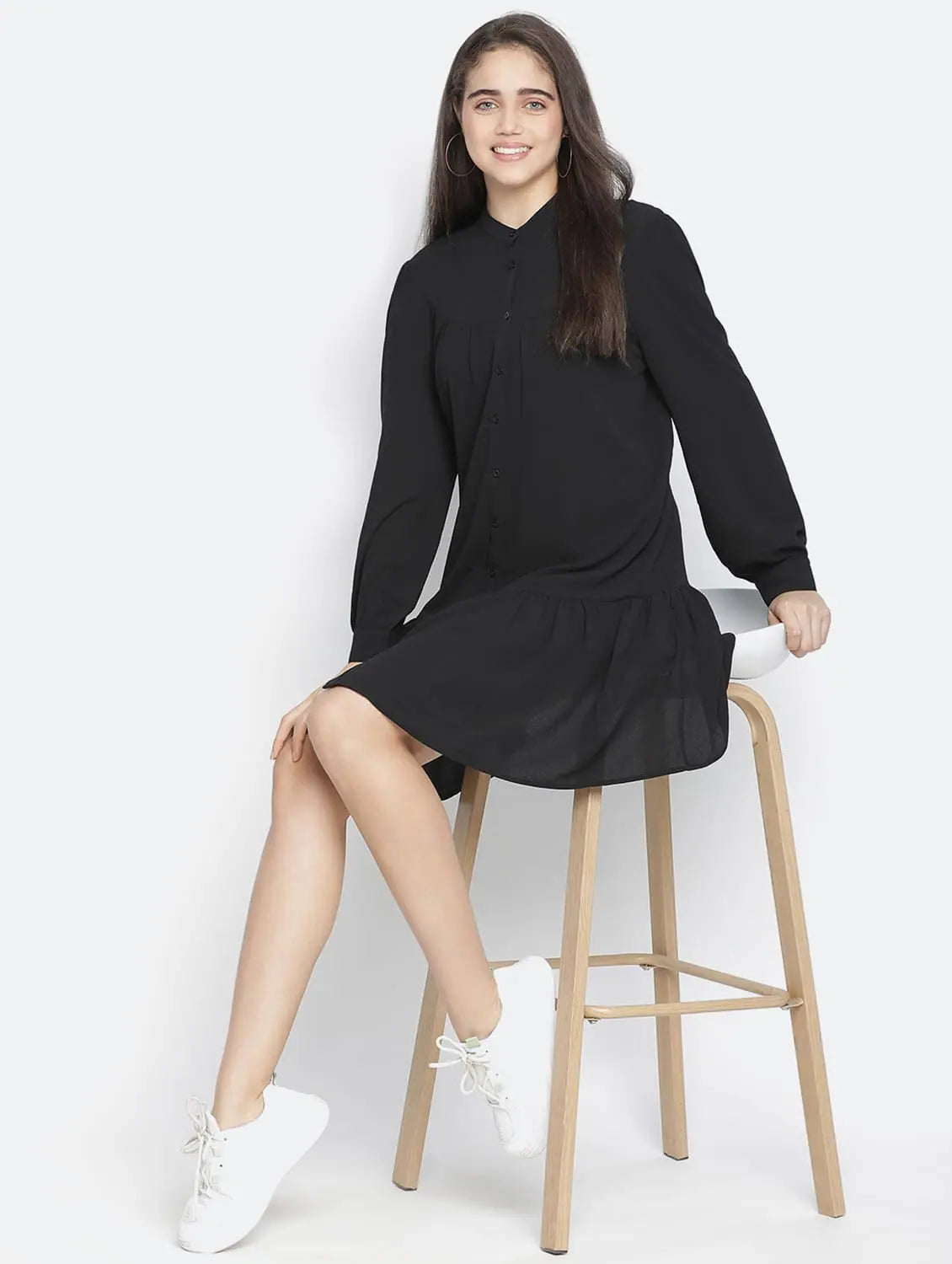 Women's High-End Clothing Soild Black Mania Button- Down Women Dress