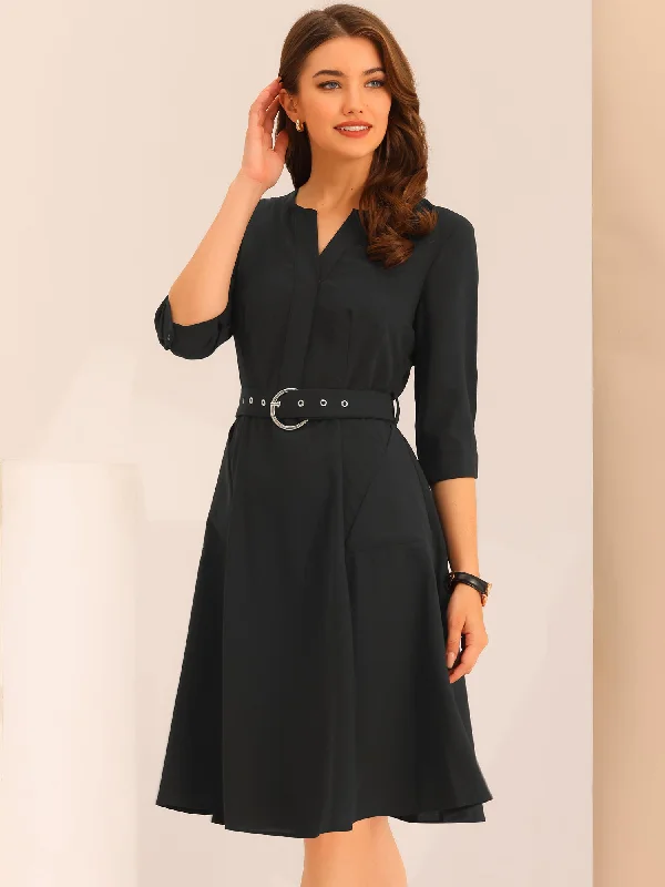 Casual Women's Clothing V Neck Half Sleeve Pockets Elegant Solid Color Belt Dress