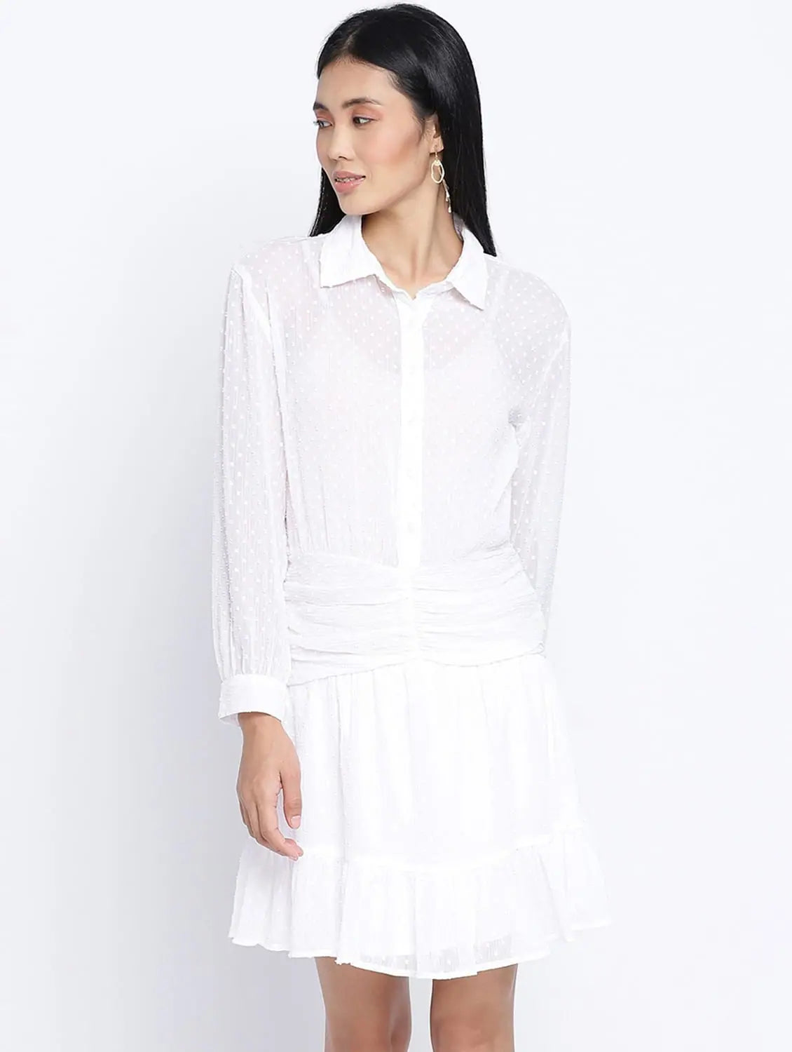 Trendy Women's Fashion Grandeur White Gathered Swissdot Style Women Dress