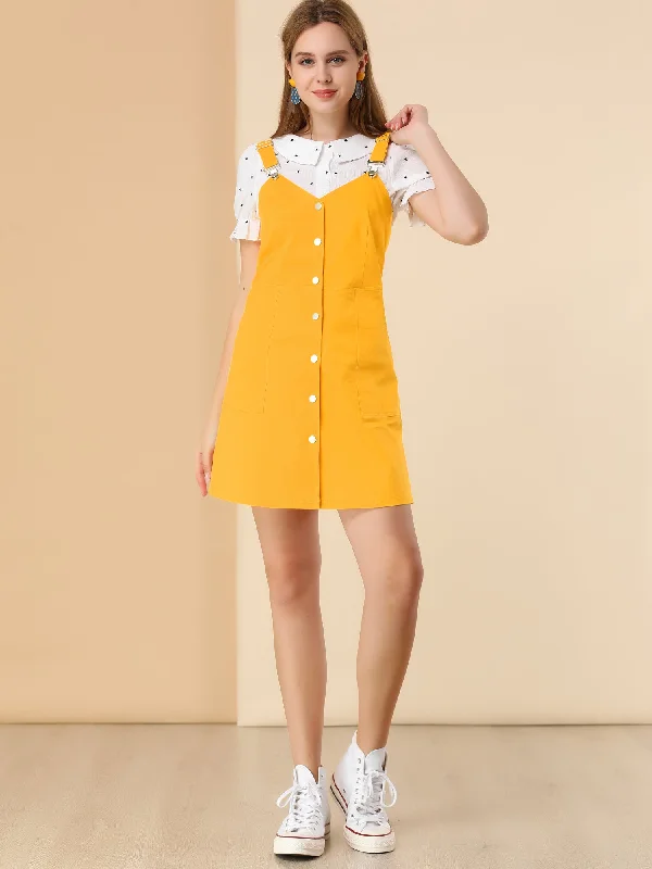 Wardrobe Upgrade Button Down Adjustable Strap Pockets Cotton Pinafore Overall Dress