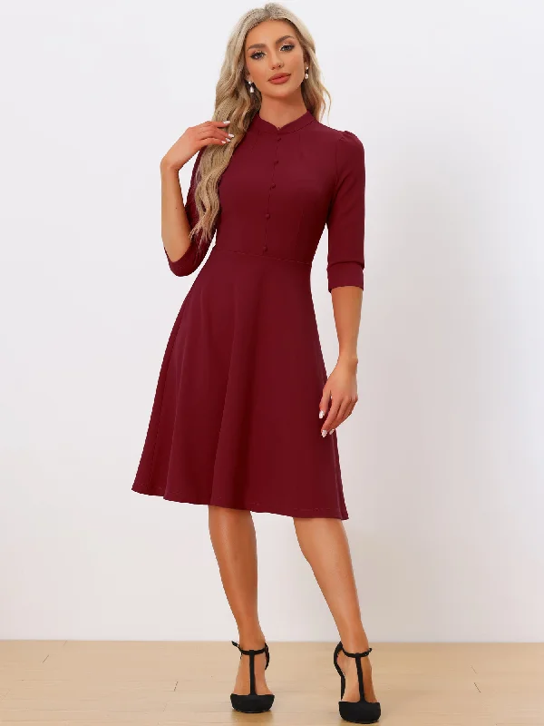 High-Fashion Women's Clothing Retro 3/4 Sleeve Stand Collar Office Work Elegant A-Line Dress