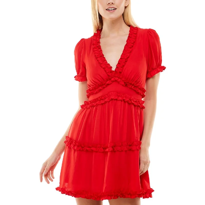 Chic Women's Clothing for Date Nights Trixxi Womens Juniors V-Neck Ruffled Fit & Flare Dress Chic Women's Clothing for Date Nights Trixxi Womens Juniors V-Neck Ruffled Fit & Flare Dress