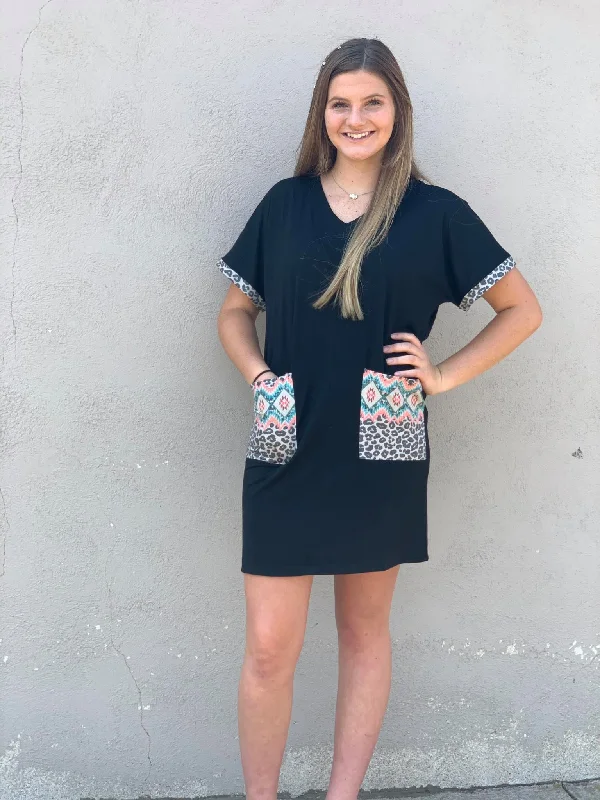 Trendy Women's Fashion Crazy Train Black w/ Aztec Pockets Verano Dress
