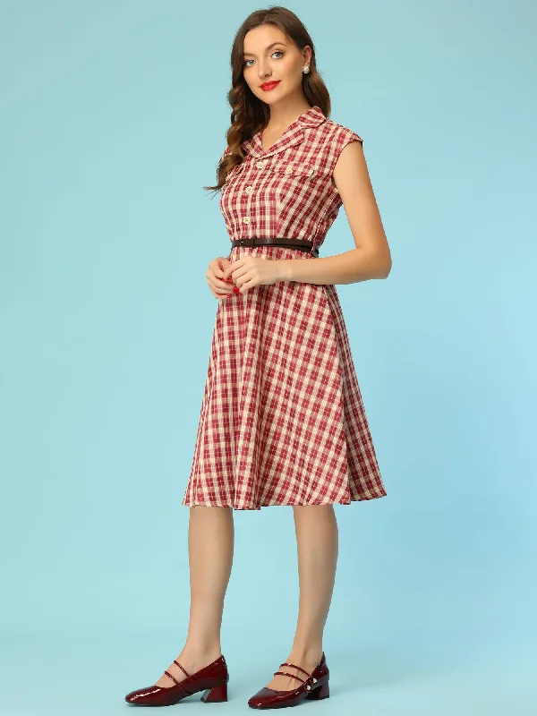 Bold Fashion Button Front Retro Cap Sleeve Belted Waist Plaid Dress