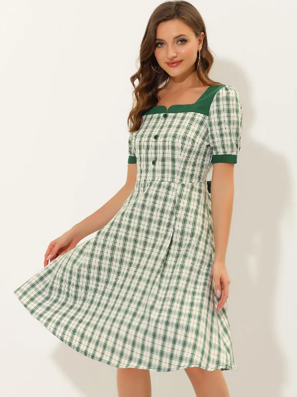 Women's Clothes For Outdoor Events Plaid Square Neck Tie Back Contrast Short Sleeve A-line Dress