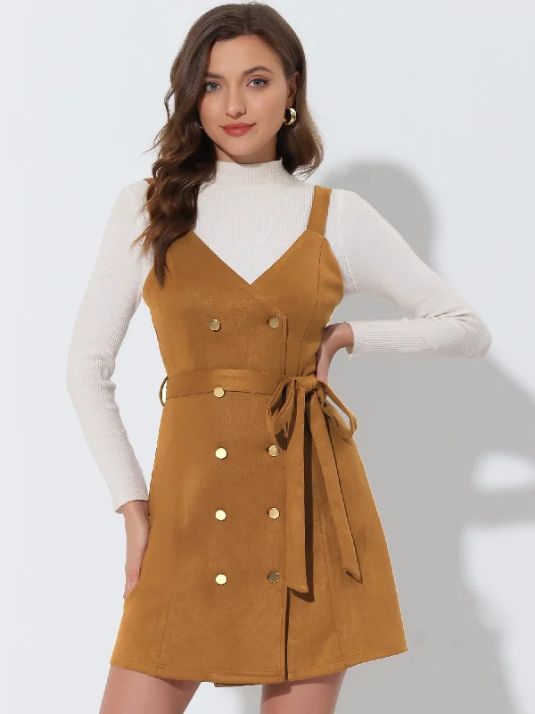 Fashion-forward Women's Wear Faux Suede V Neck Button Down Belted Pinafore Overall Dress