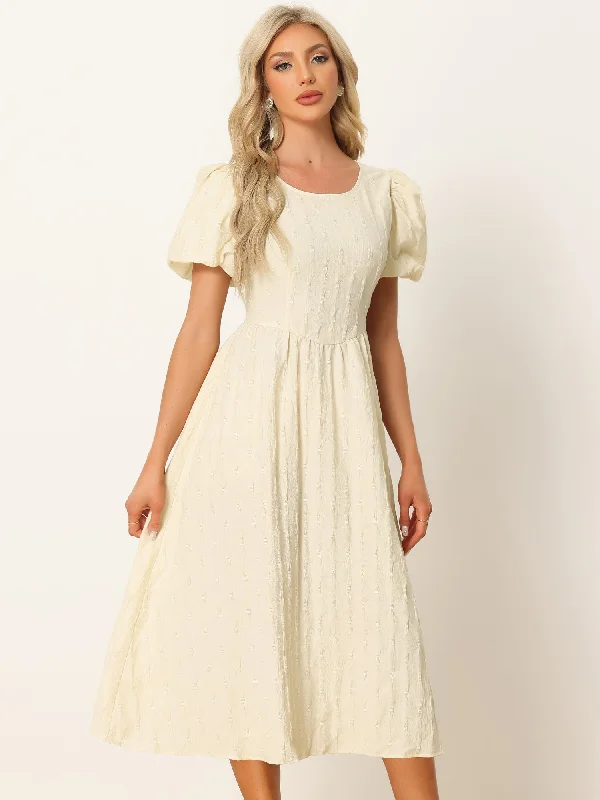 Casual Women's Clothing Online Summer Puff Sleeve Round Neck Solid Textured Fit and Flare Dress