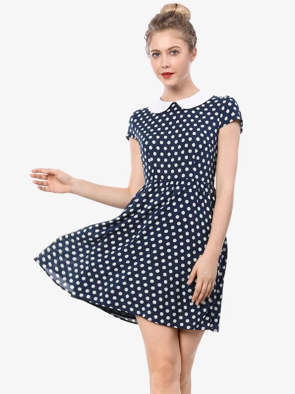 Women's Clothes Peter Pan Collar Short Sleeve Contrast A-Line Polka Dots Dress