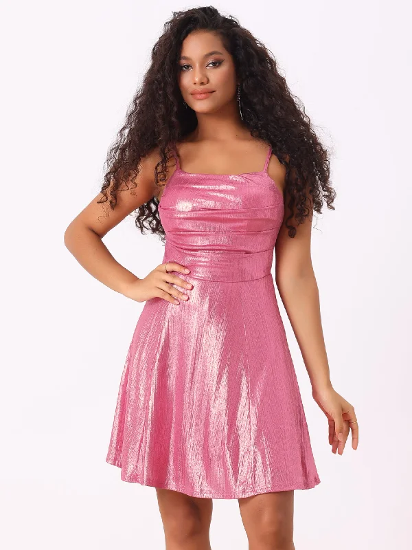 Affordable Women's Clothing Online Sparkly Metallic Spaghetti Strap A-line Backless Mini Skater Dress