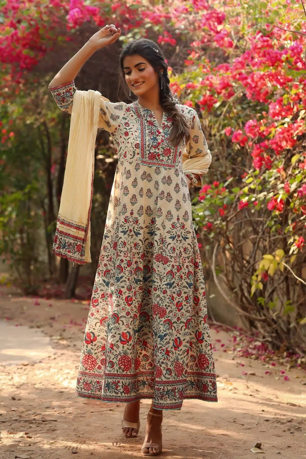 Comfortable Loungewear for Women Juniper Beige Cambric Printed Flared Dress Dupatta Set Comfortable Loungewear for Women Juniper Beige Cambric Printed Flared Dress Dupatta Set