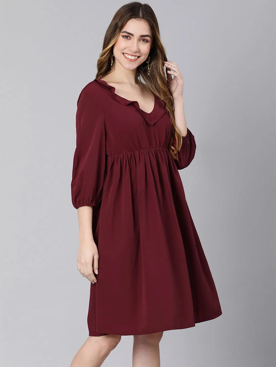Fashion Women's Clothing Turned On Wine Ruffle Women Dress