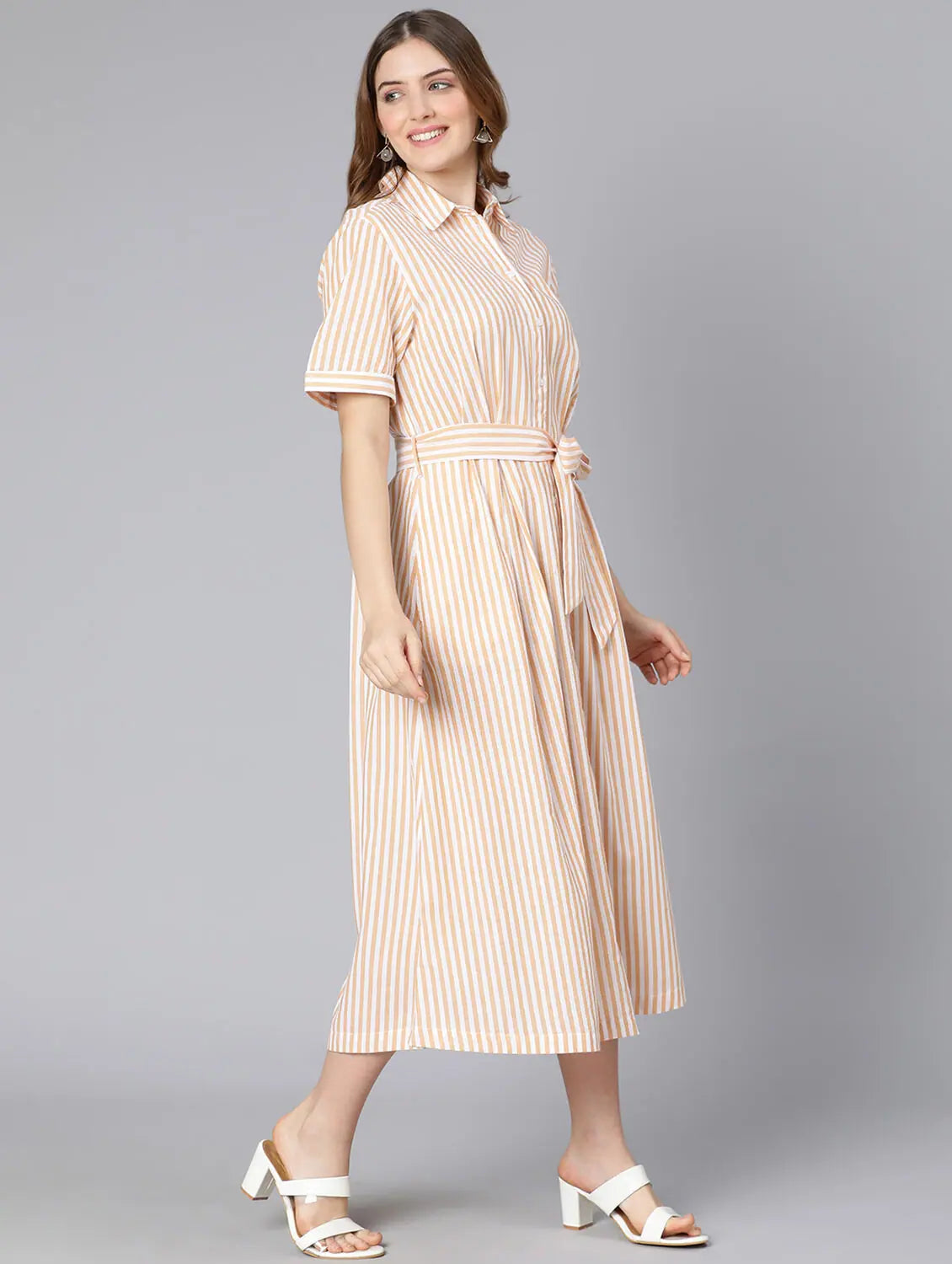 Women's Night-Out Outfit Courtly Mustard Color Stripes Print Women Button-Down Dress Women's Night-Out Outfit Courtly Mustard Color Stripes Print Women Button-Down Dress