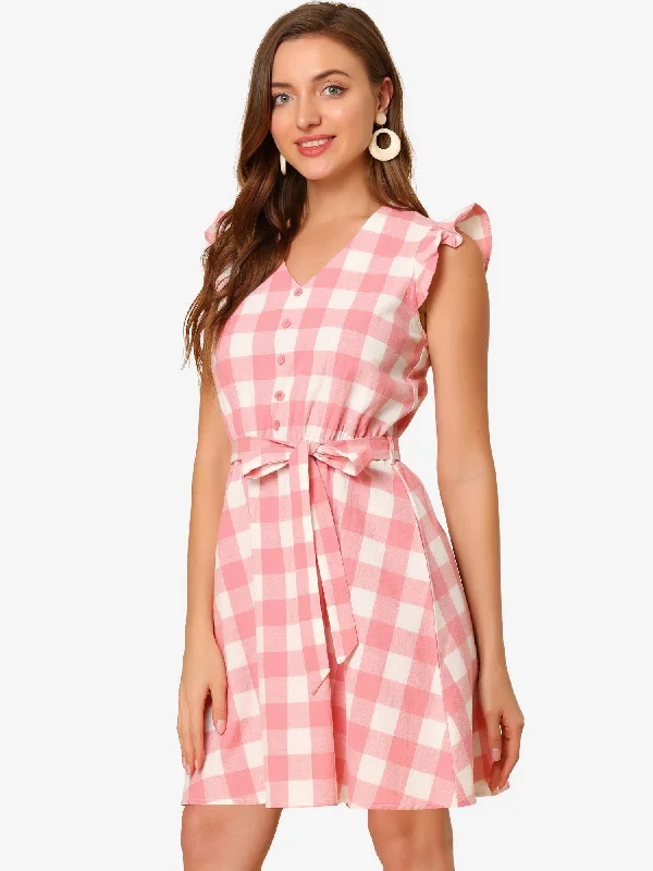 Affordable Online Boutique Casual Plaids Ruffled Sleeve A-Line Gingham Check Dress