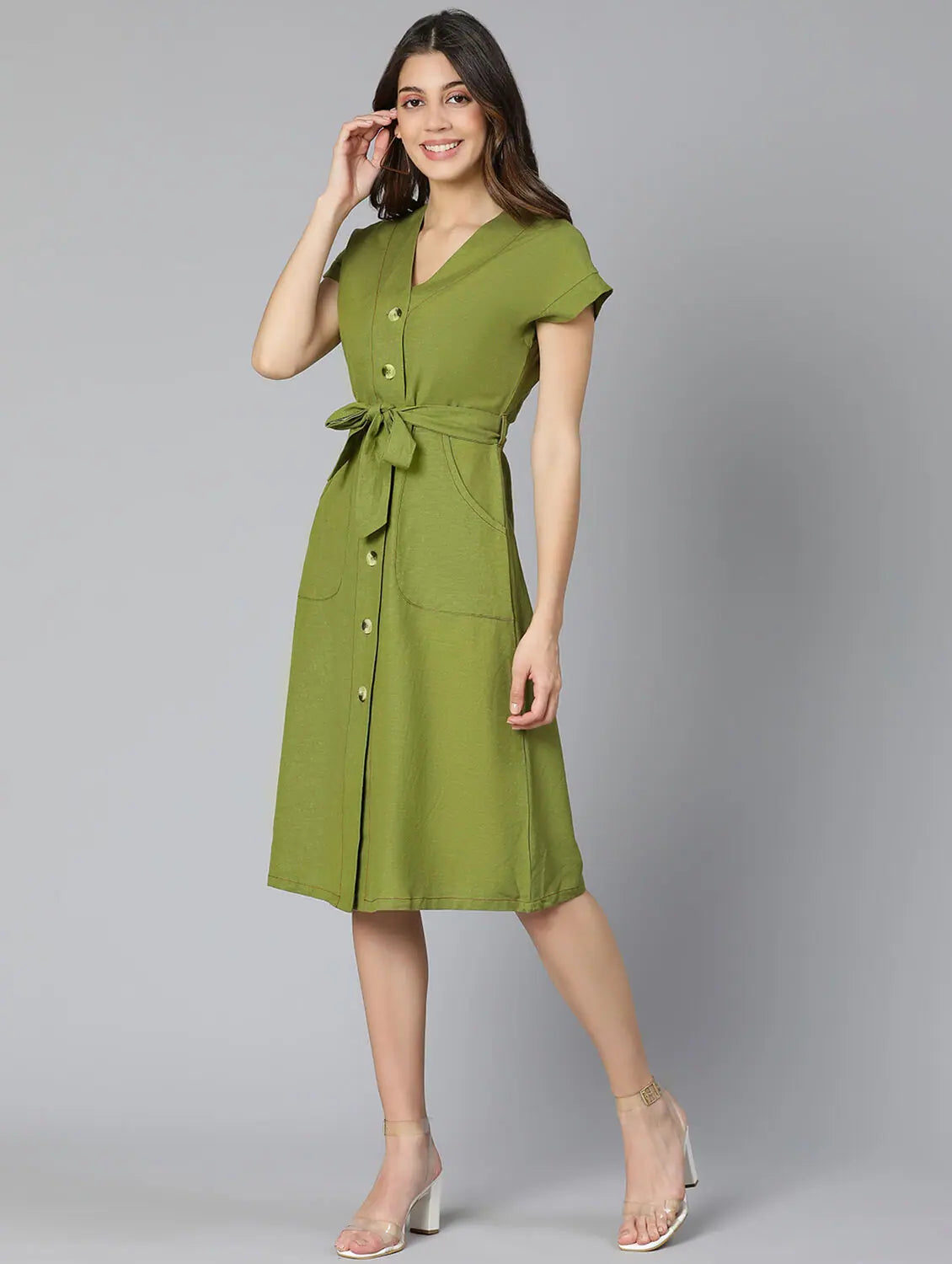 Chic Wardrobe Frezz Khaki Color Linen Blend Meld Women Tie-Knot Dress