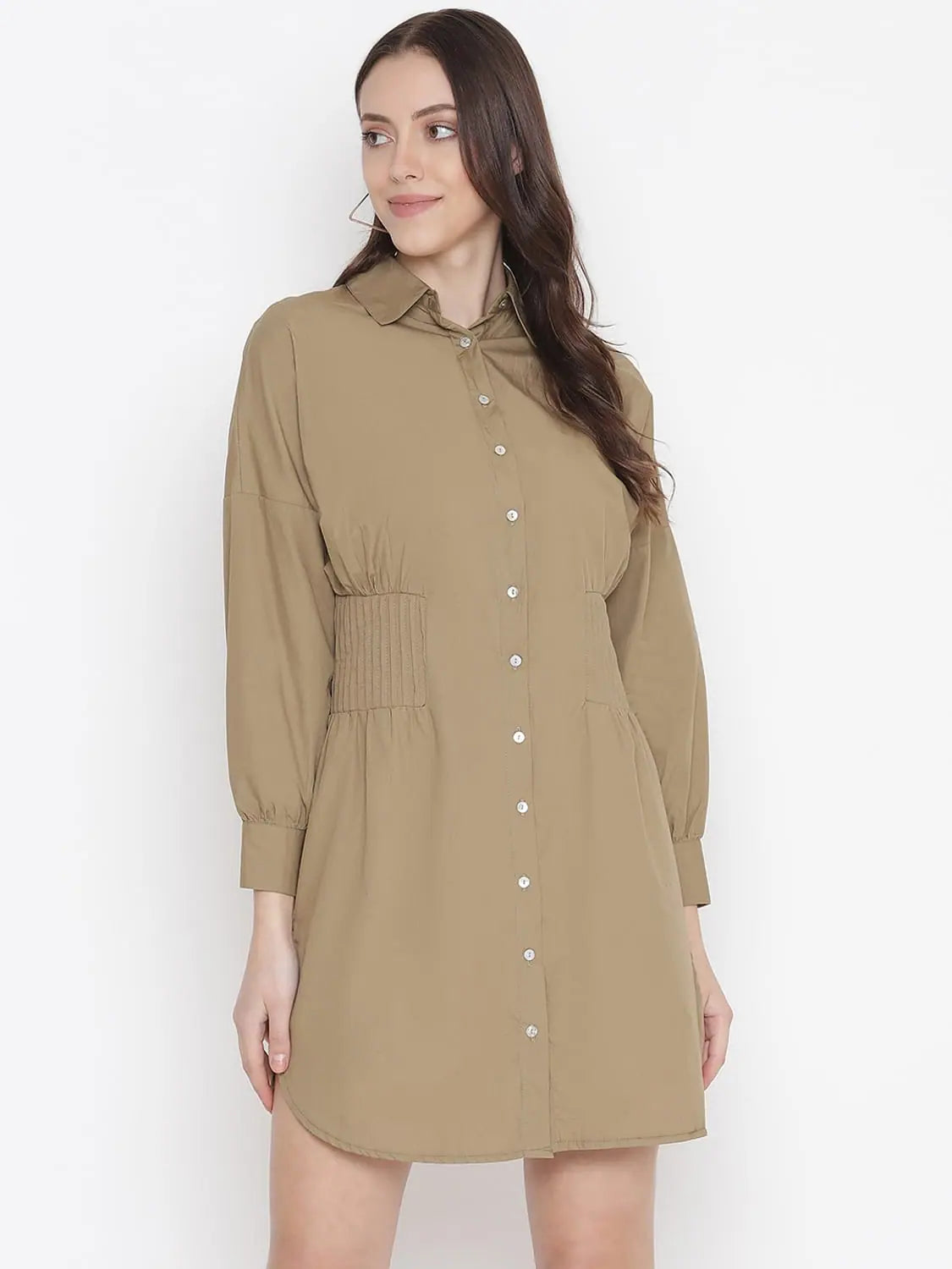 Online Boutiques Affordable Oxolloxo Umber Solid Khaki Button - Down Women Dress