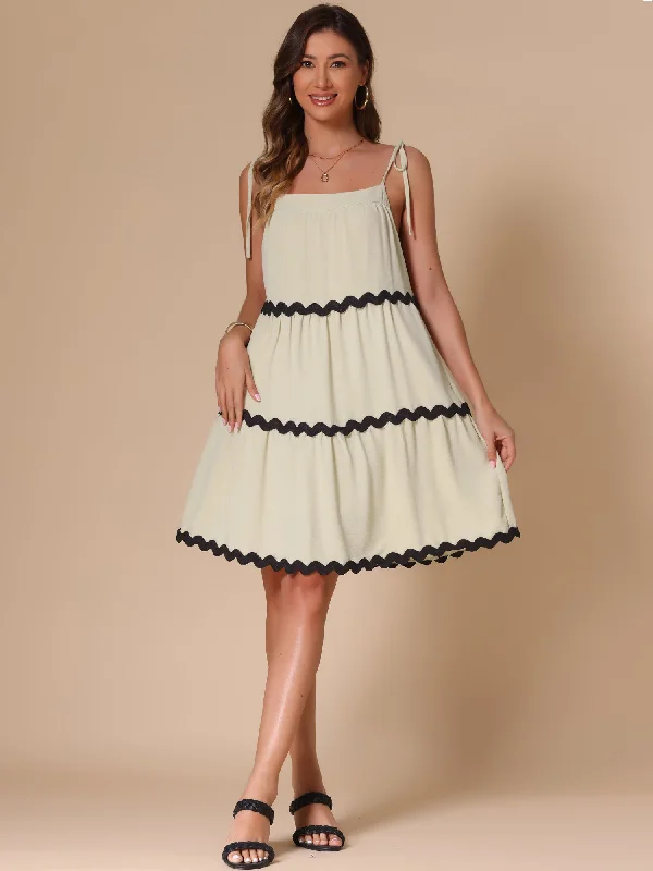 Stylish Everyday Clothing Spaghetti Strap Pocketed Contrast Trim Tiered A-Line Dress