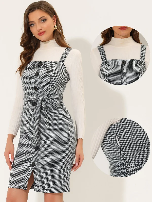 Comfortable Women's Outfits Plaid Overall Bow Tie Waist Vintage Sheath Jumper Dress