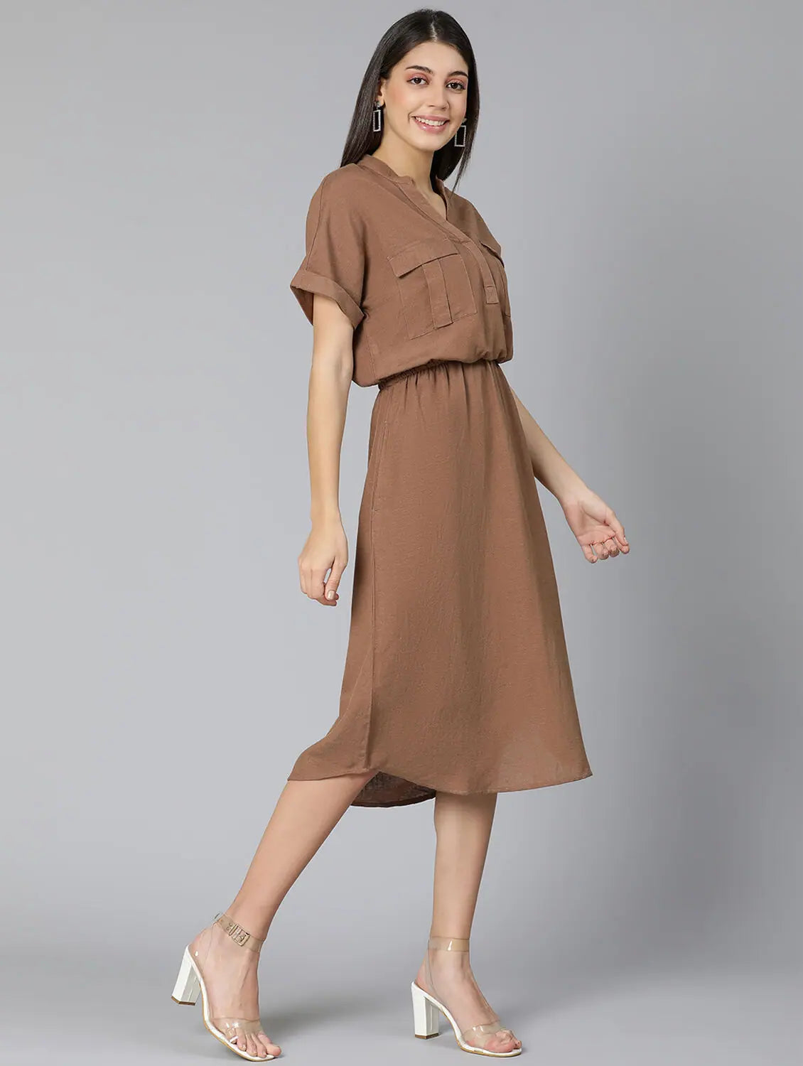 Trendy Fashion For Women Curious Brown Women Long Linen Blend Dress