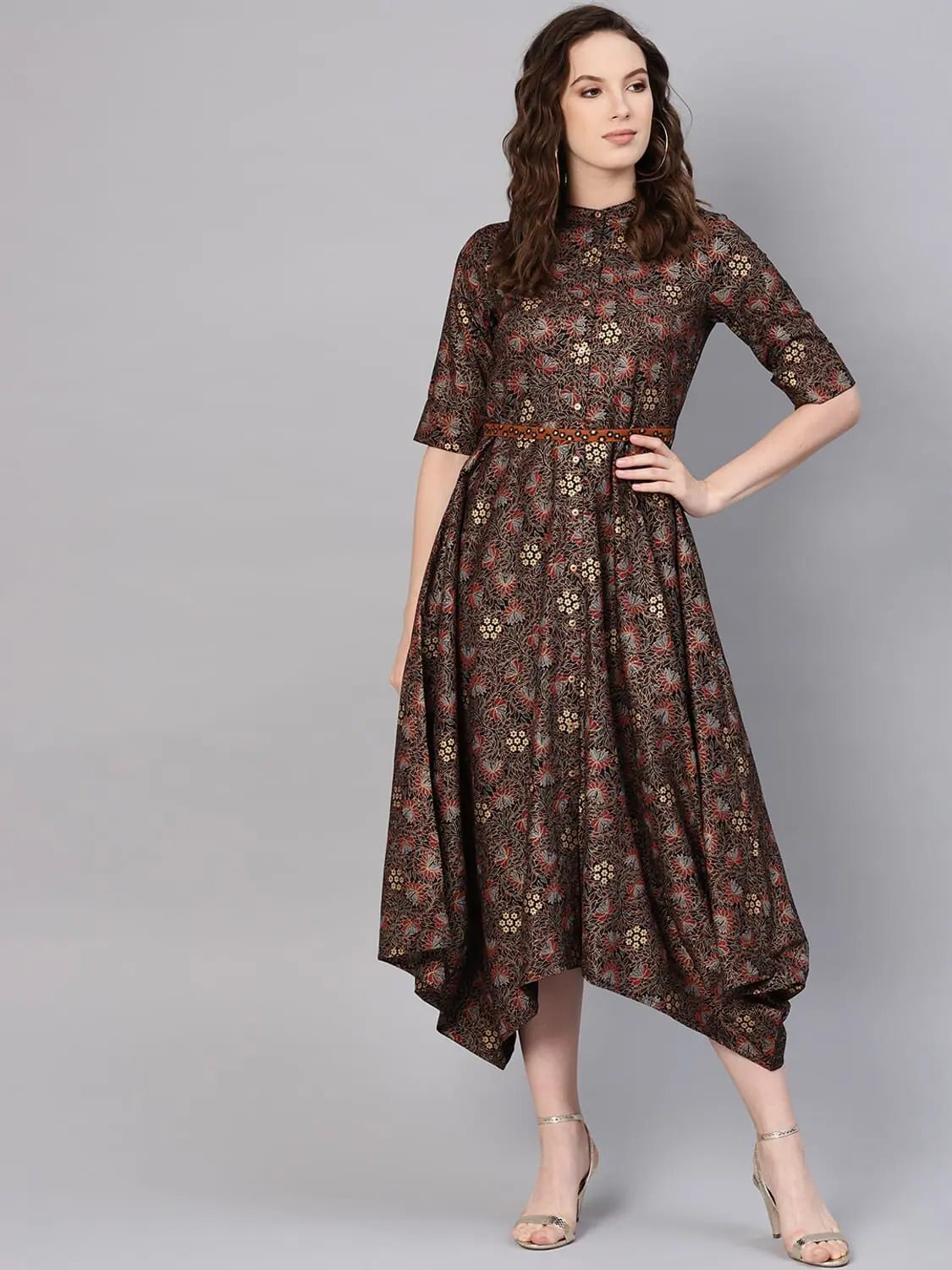 Online Boutiques Clothing Juniper Black Rayon Printed Asymmetric Dress With Belt