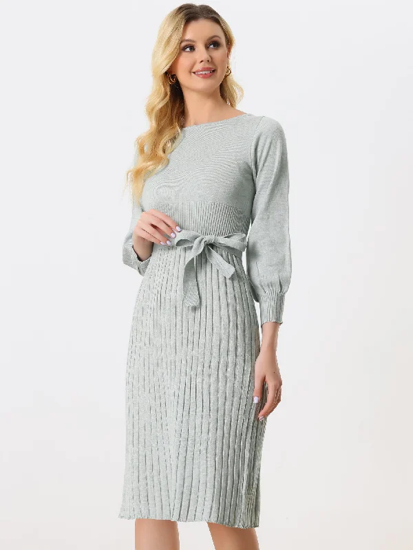 Casual Clothes For Women Knit Belted Crew Neck Lantern Sleeve Casual Pleated Sweater Dress