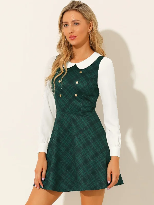 Clothes For Woman Peter Pan Collar Contrast Color Button Decor Plaid Dress