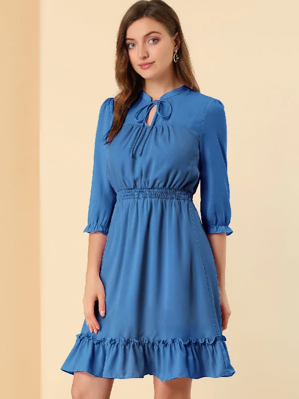 Women's Evening Garments Ruffle Hem 3/4 Sleeve A-Line Smocked Short Chiffon Dress