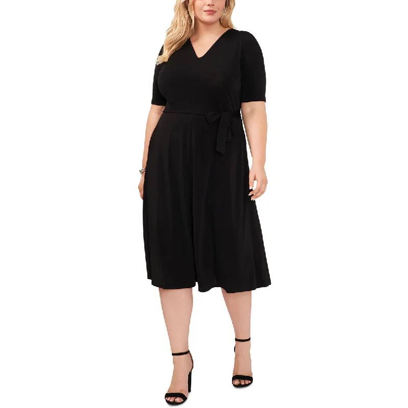 Online Boutiques MSK Womens Plus V-Neck Belted Fit & Flare Dress
