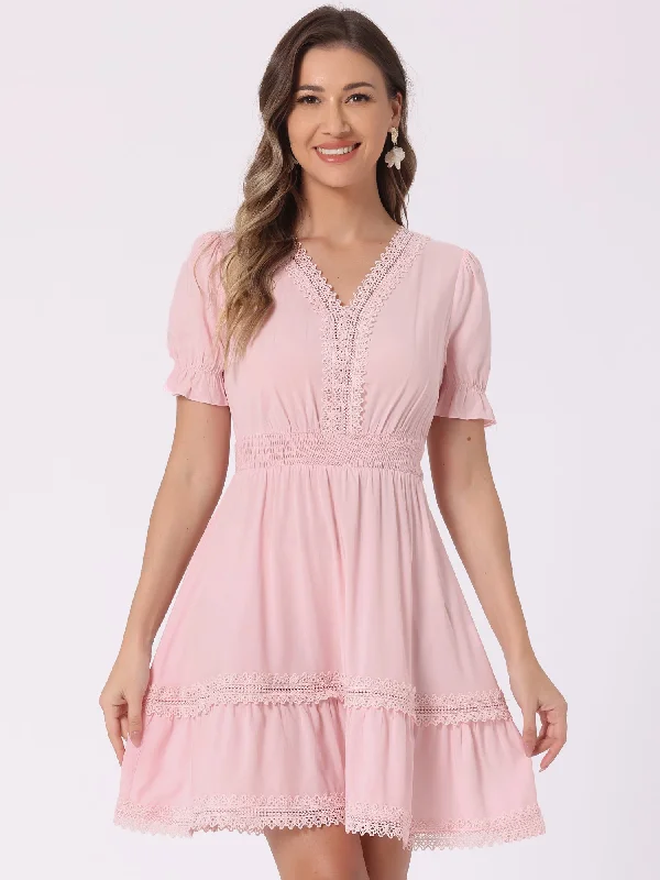 Online Clothing Boutiques Boho Puff Sleeve V Neck Smocked Waist Ruffled Tiered Dress