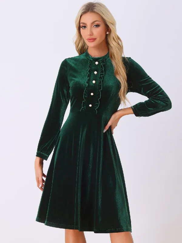 Casual Chic for Women Retro Velvet Mock Neck Button Front Ruffle Flared Dress
