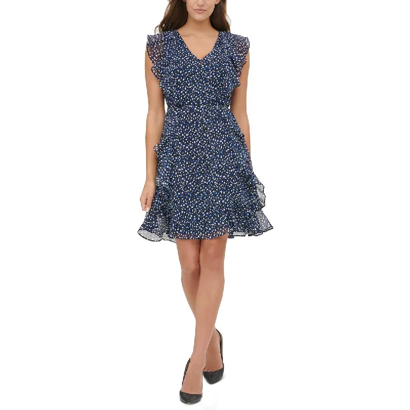 Modern Casual Clothing Tommy Hilfiger Womens Petites Ruffle Mini Fit & Flare Dress
