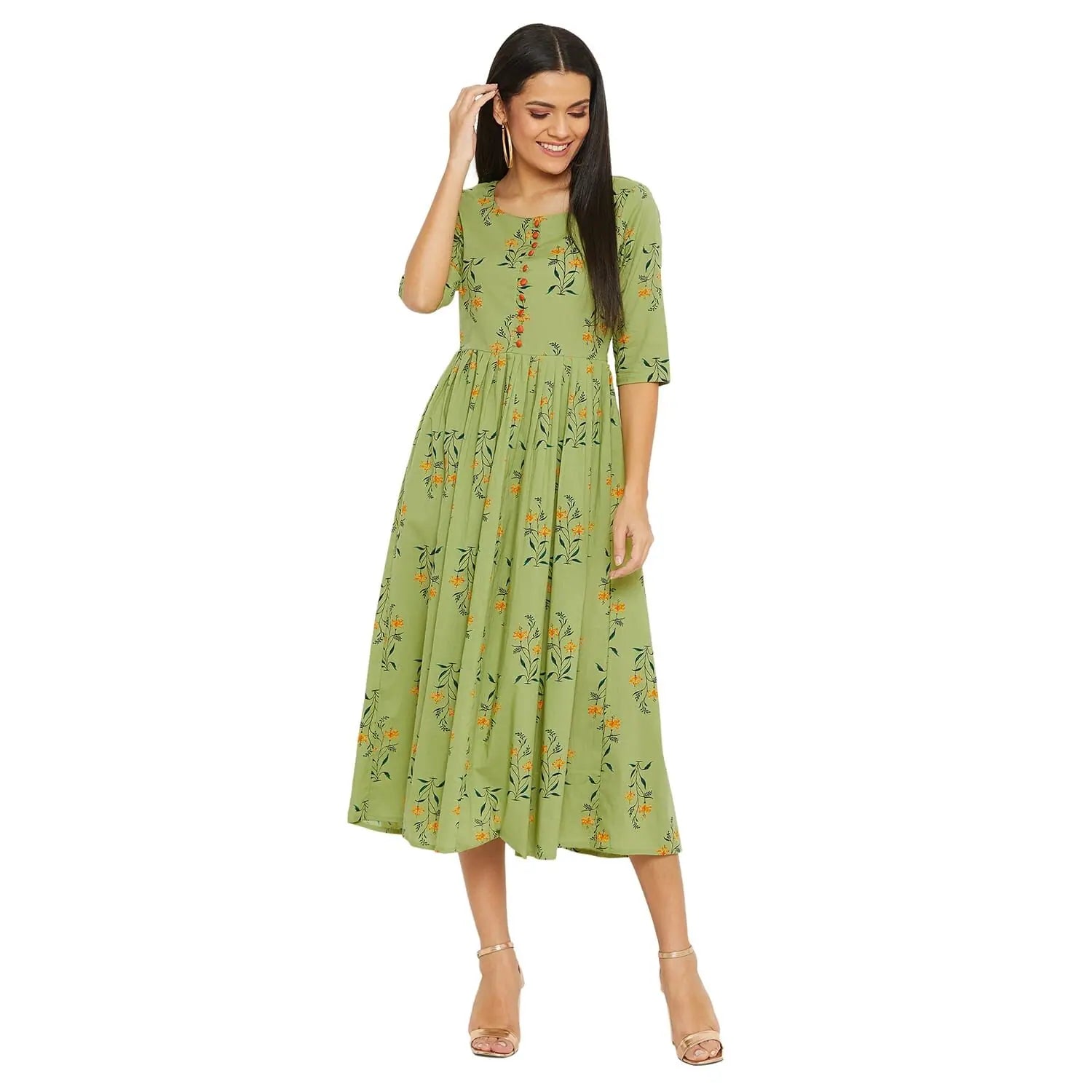 Stylish Outerwear Clothes For Women Adults-Women Green Printed Ethnic A-line Dress