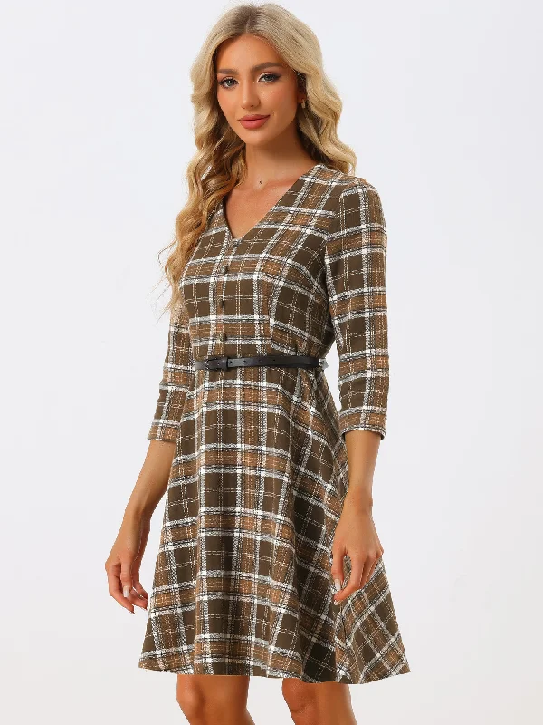 Affordable Trendy Clothes For Women Retro Plaid V Neck 3/4 Sleeve Button Decor Belted A-Line Dress