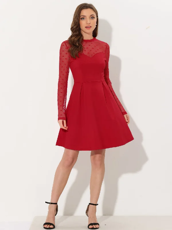 Online Clothing Stores Party Heart Mesh Sheer Sleeve Crew Neck Skater Short Dress