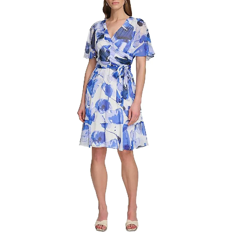 Women's Evening Outfit DKNY Womens Petites Chiffon Flutter Sleeves Fit & Flare Dress