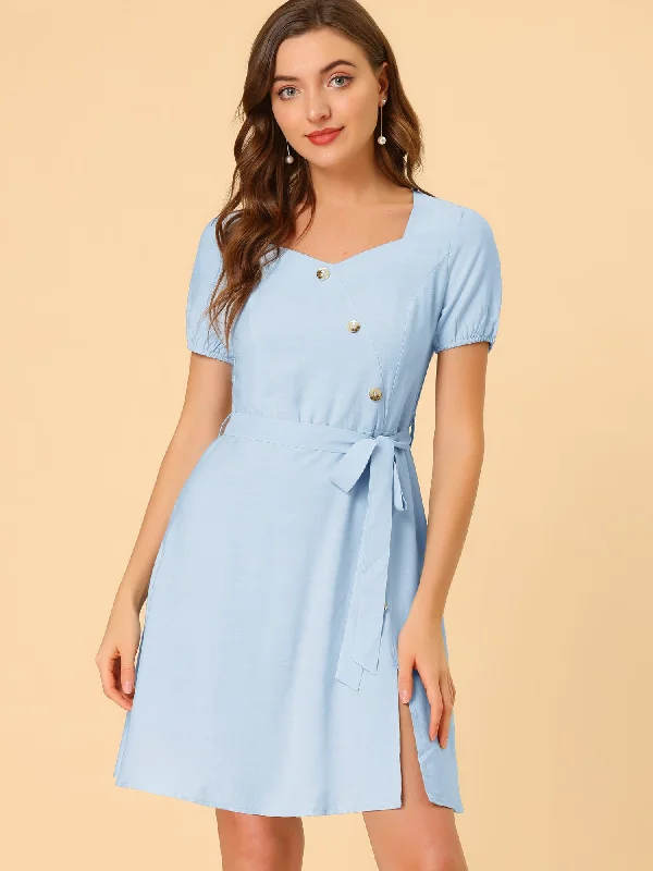 Women's Outdoor Activity Garments Belted Sweetheart Neck Button Decor Smocked Back Dress