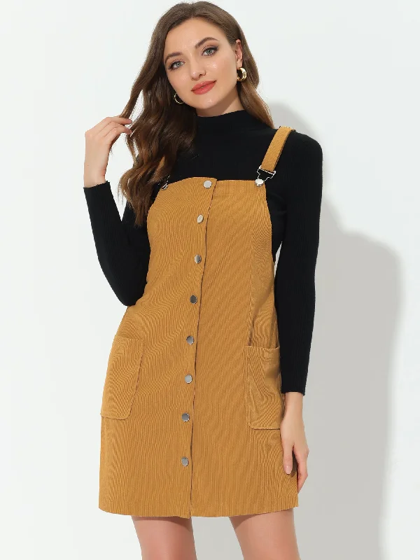 Eclectic Fashion Corduroy Adjustable Straps Button Down Pinafore Overall Dress