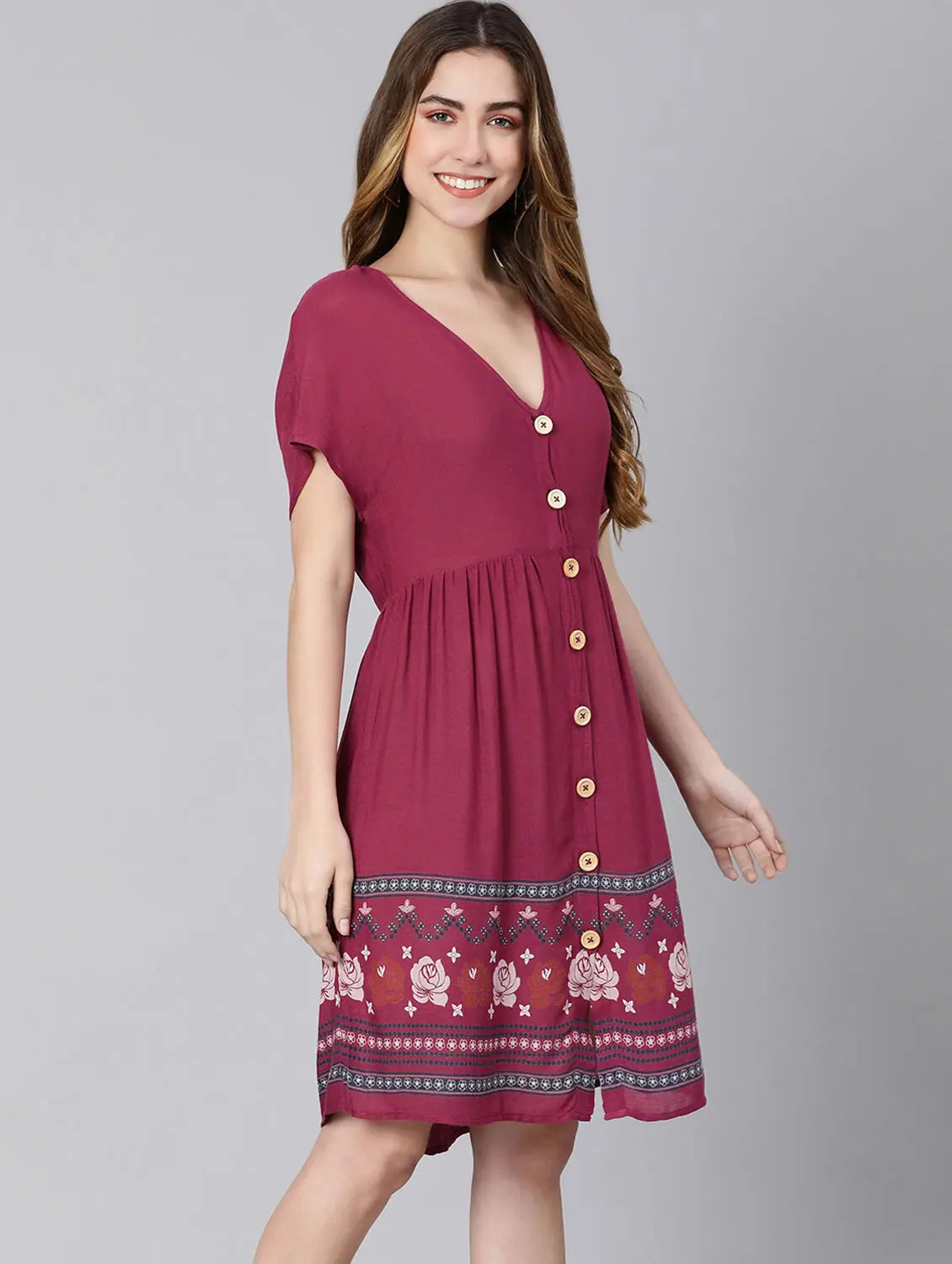 Vintage Fashion Wander Maroon Printed Button-Down Women Dress