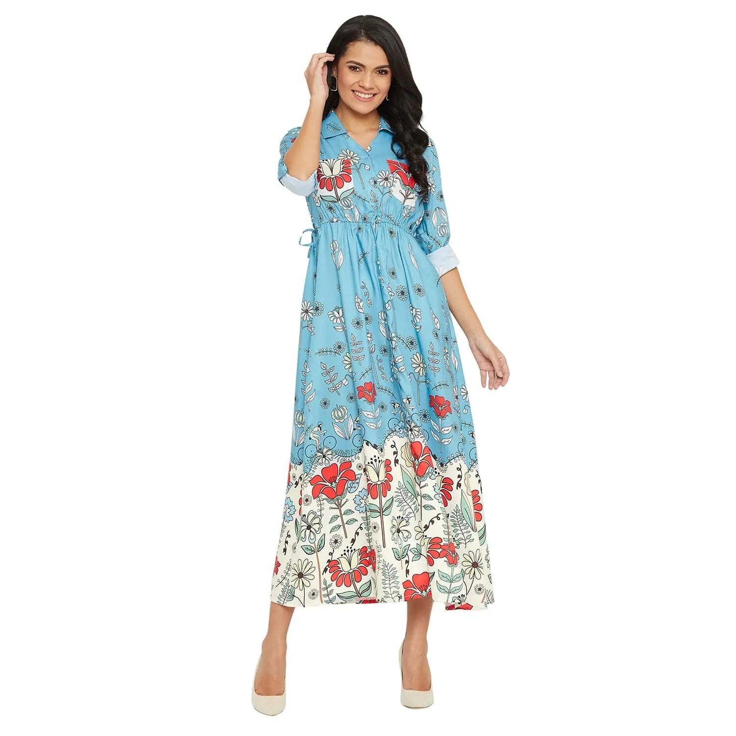 Women's Clothing Adults-Women Ice blue and white Printed Dress With Drawstring Tie