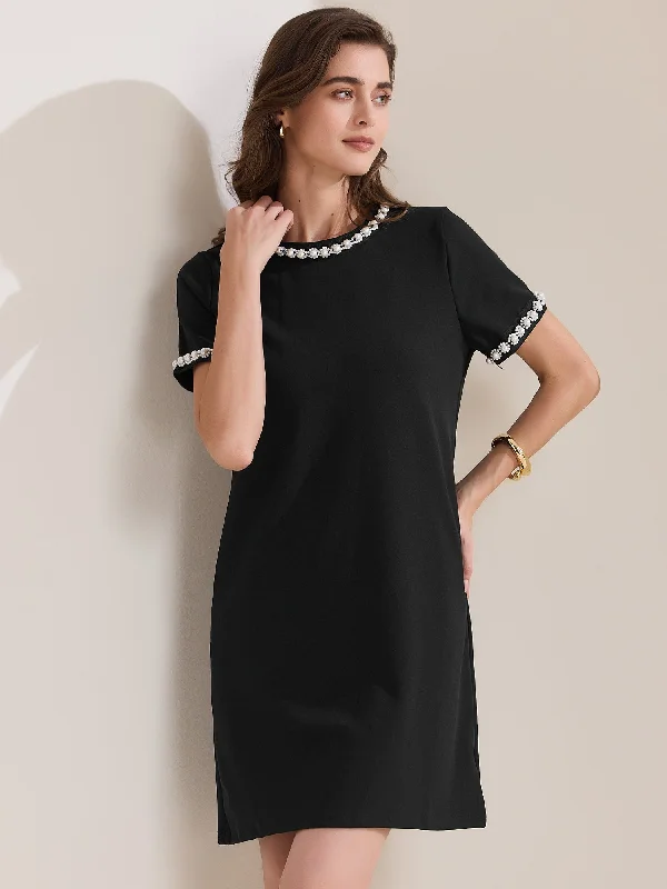 Clothing Sales Short Sleeve Crew Neck Faux Pearl Decor Pocketed Dress