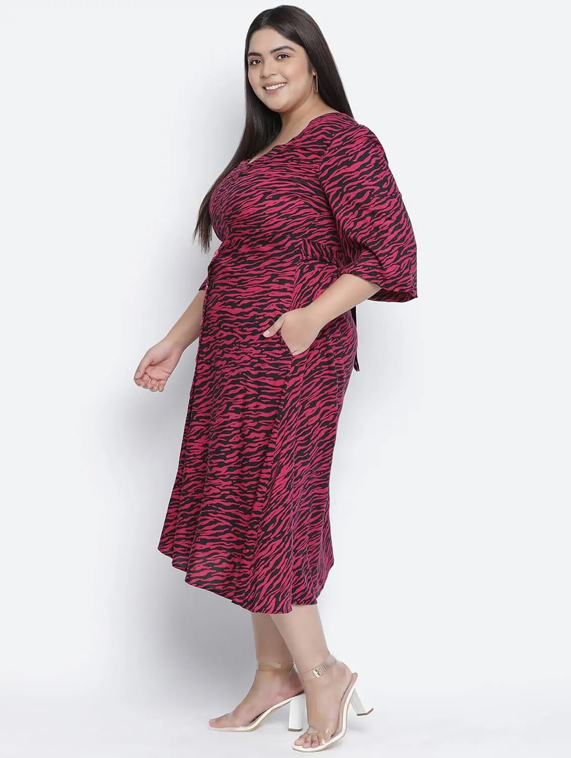 Sale For Women Wanic Wine Animal Print Plus Size Button - Down Dress